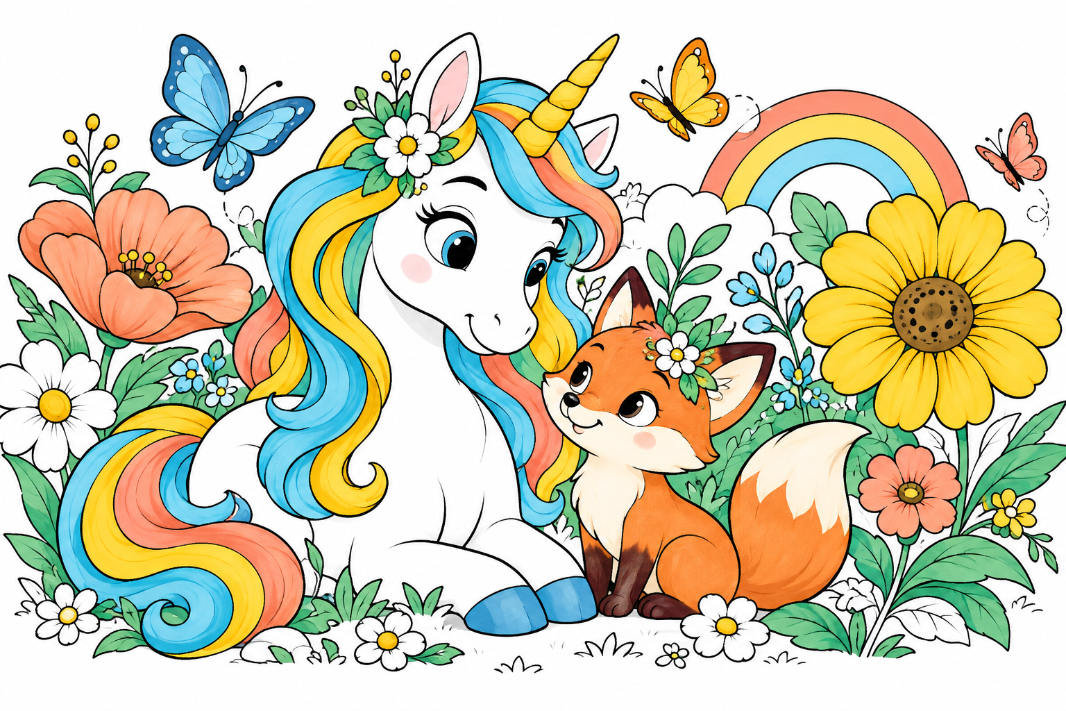 A playful unicorn and fox on a partly colored page